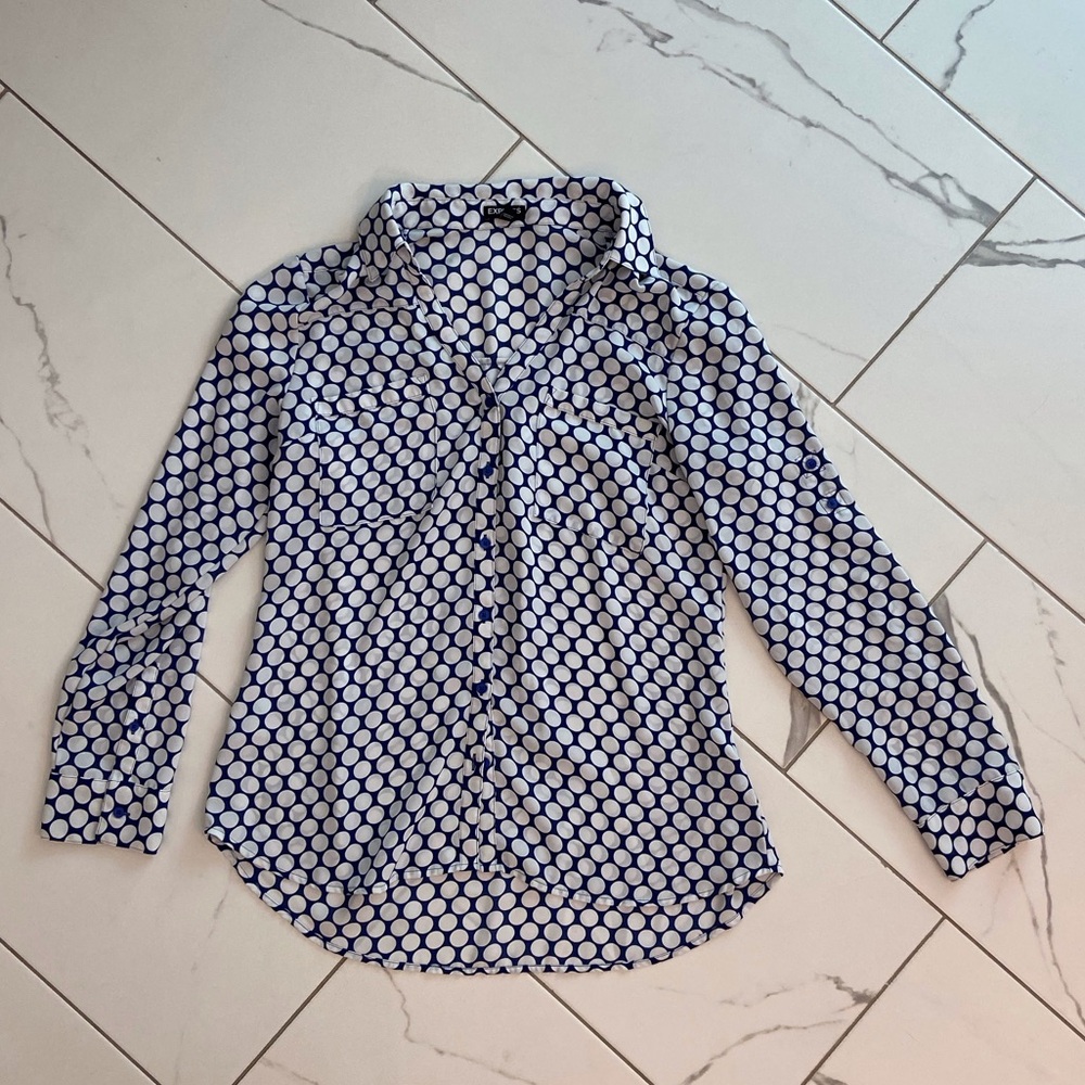 Express Navy and White Polka Dot Top